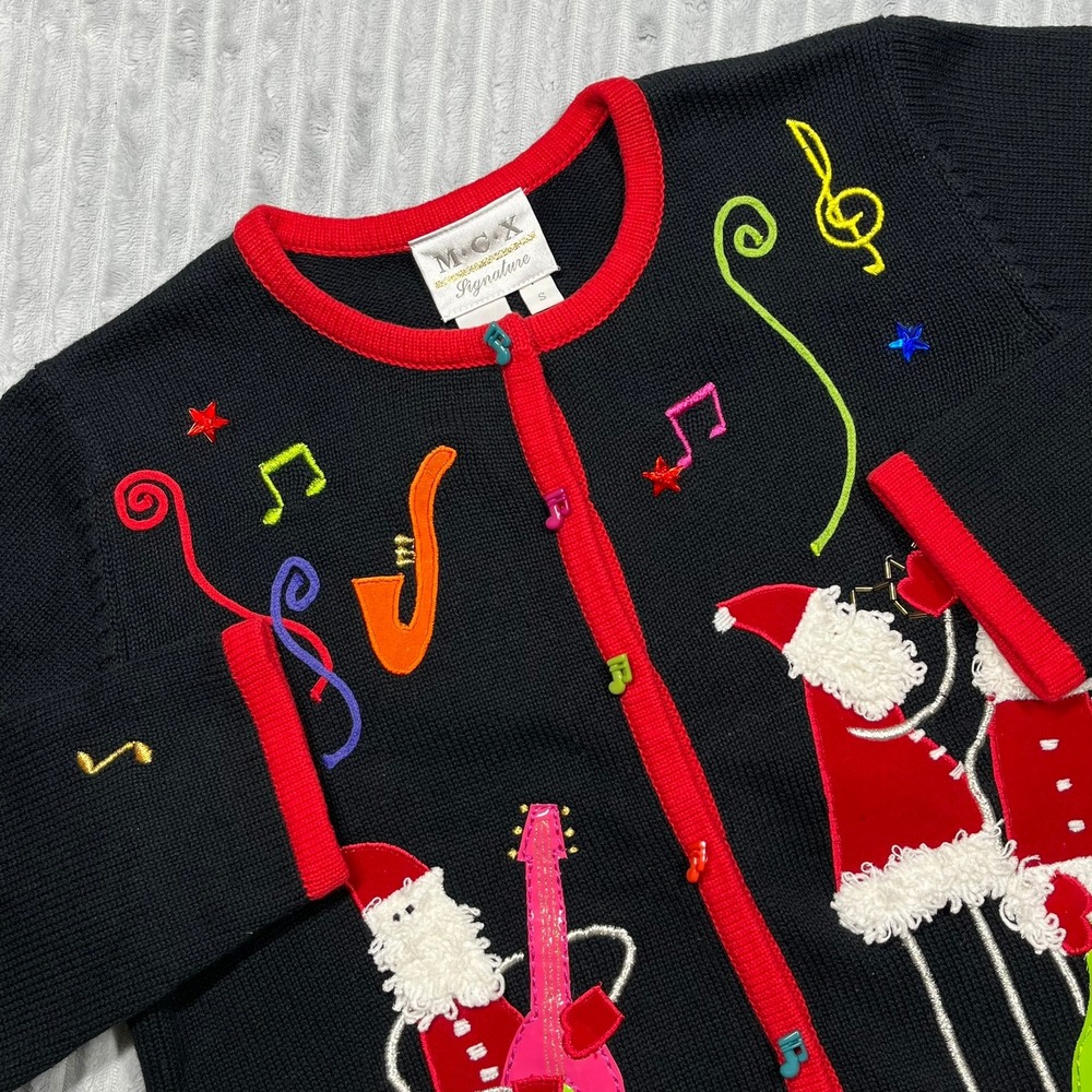 Vintage MCX Ugly Christmas Cardigan Sweater Womens S Holiday Music Santa Festive